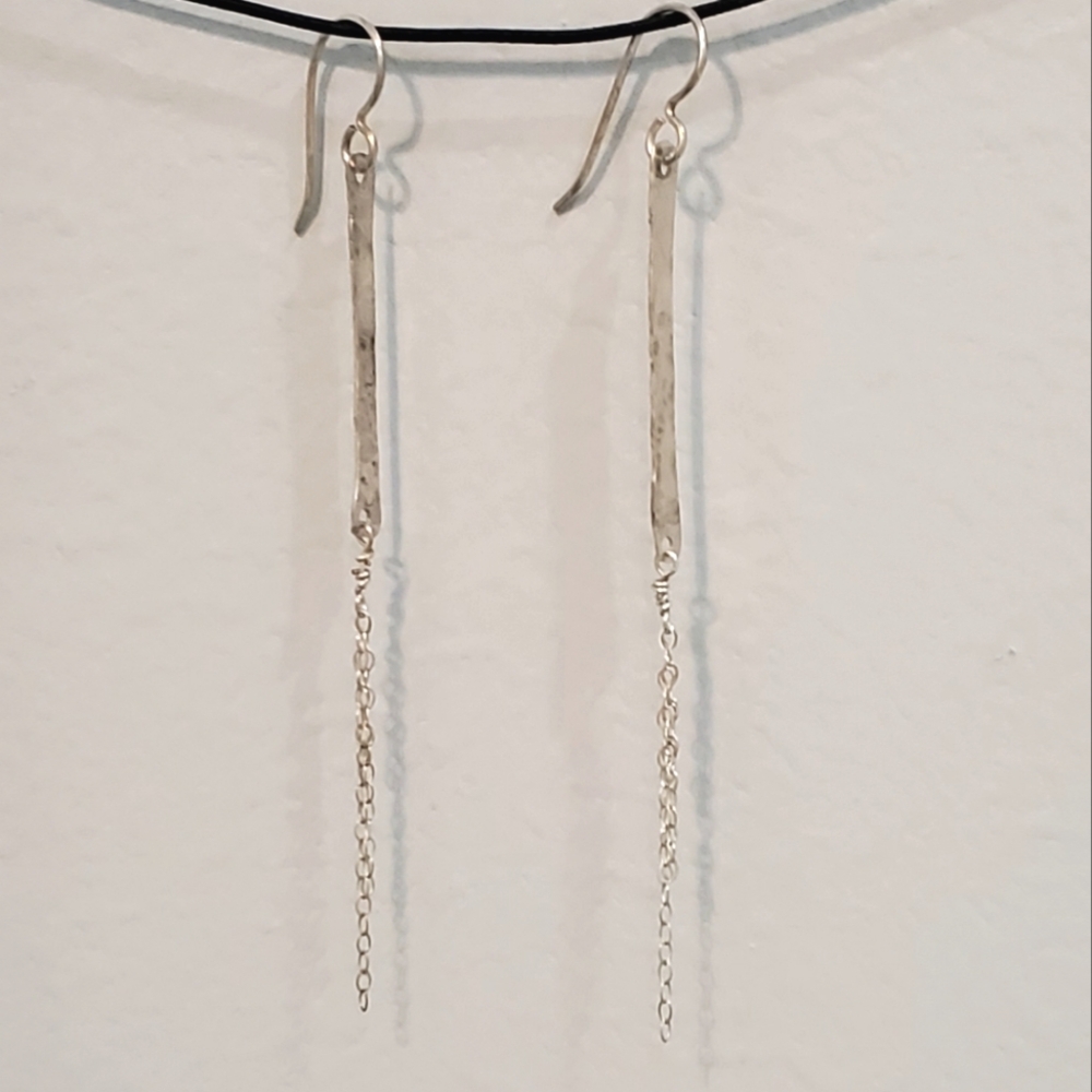 925 Sterling Flat Bar Dangle Chain Earrings - Picture 2 of 6